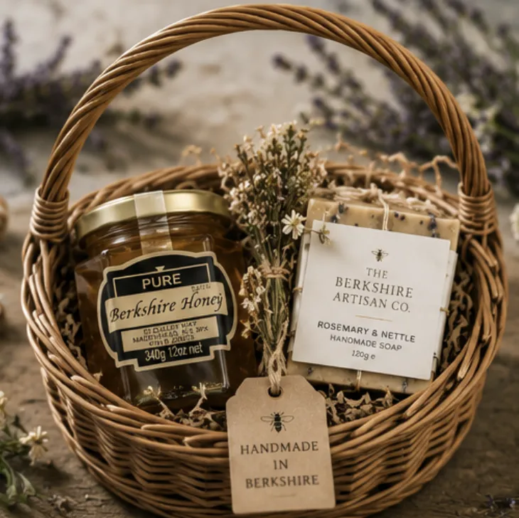 Wicker basket holding a jar of Pure Berkshire Honey, a bar of rosemary and nettle soap and dried flowers