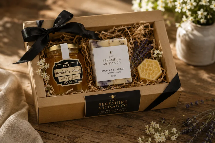 Gift box with honey, lavender soap and a beeswax honeycomb, tied with black ribbon