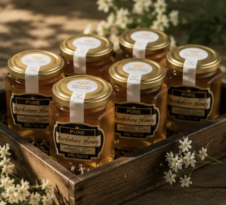 Six jars of Pure Berkshire Honey in a wooden tray