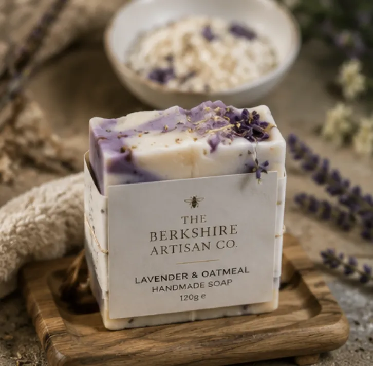 Bar of lavender and oatmeal handmade soap on a wooden dish
