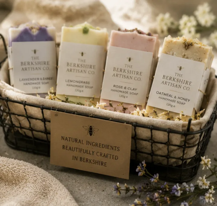 Four handmade soaps in a wire basket: lavender, lemongrass, rose and clay, oatmeal and honey